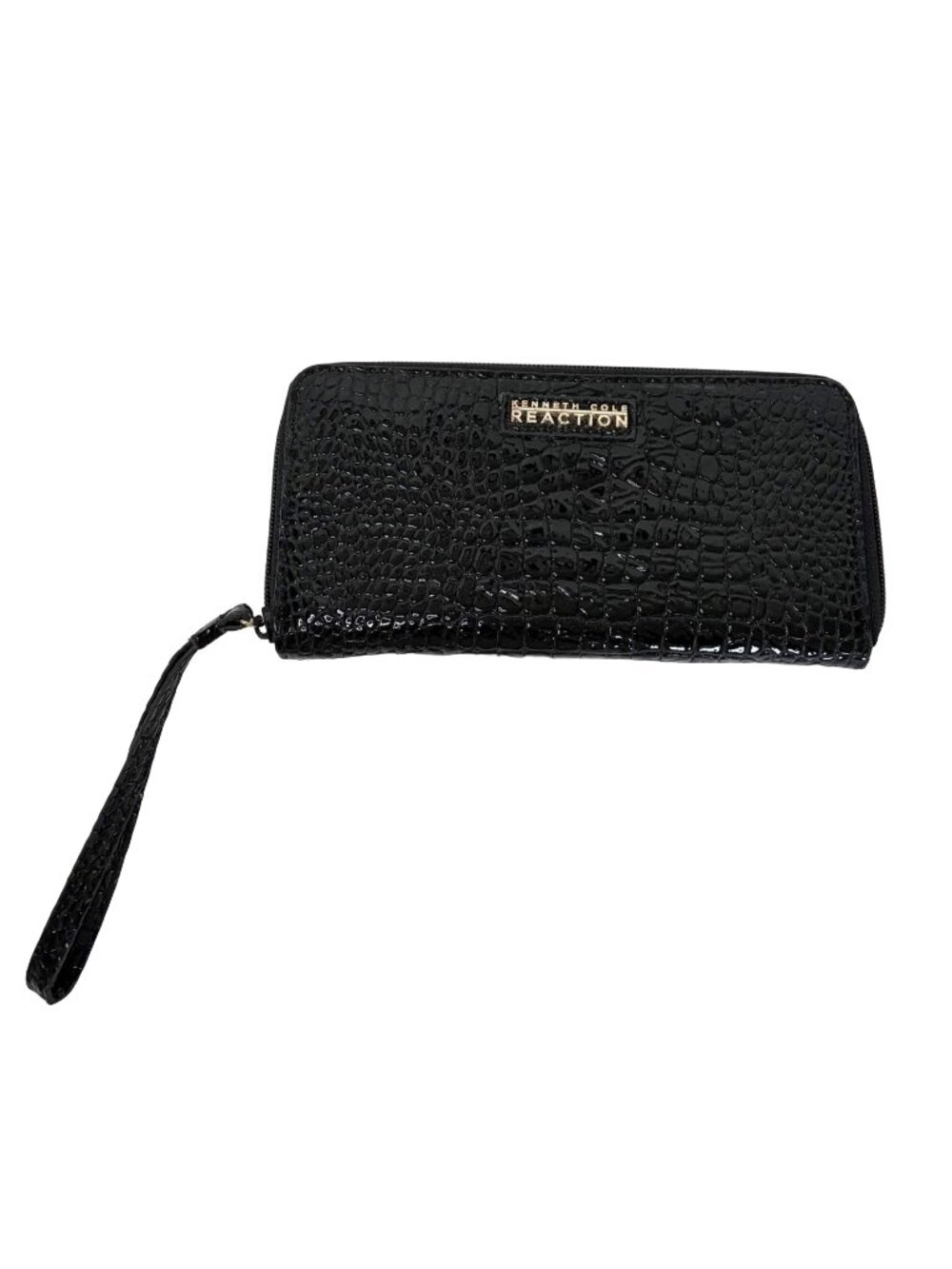 Kenneth Cole Reaction Zip Around Wallet Clutch Wristlet Black Patent Croc